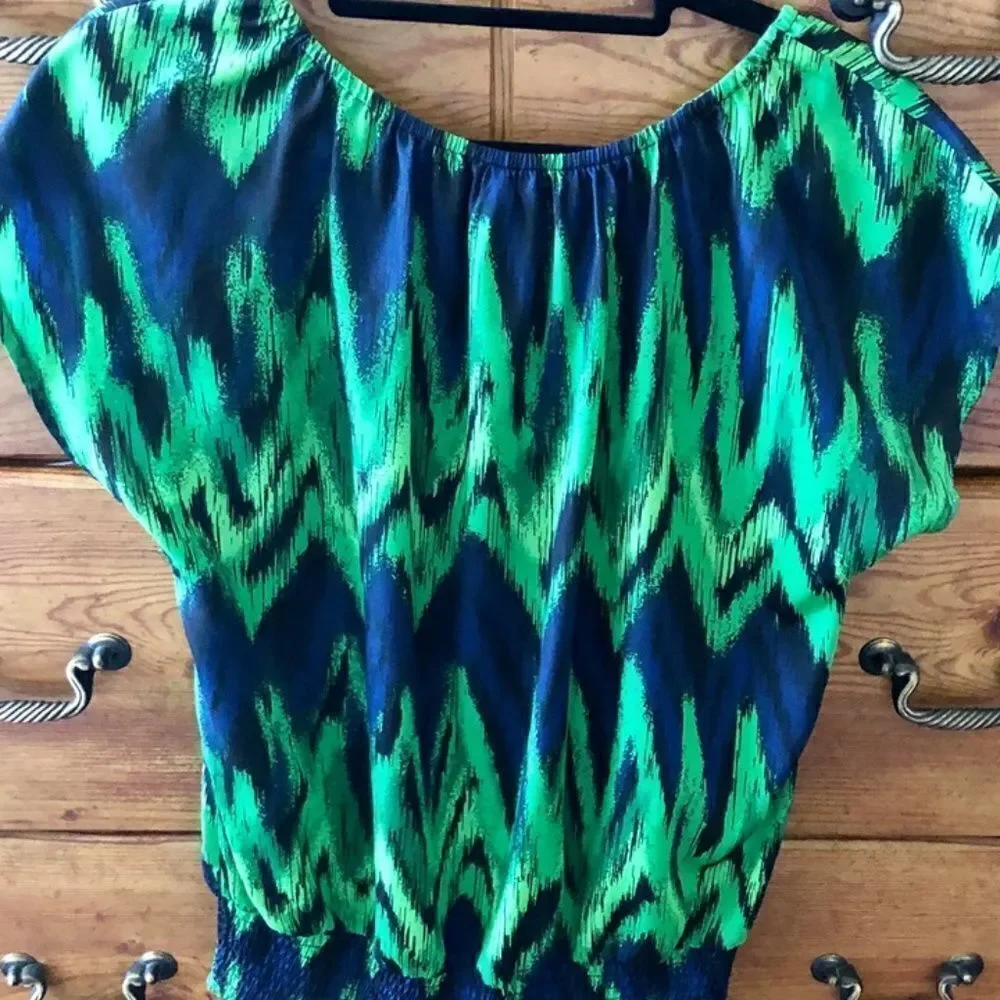 Michael Kors Navy Blue & Green Peasant Top